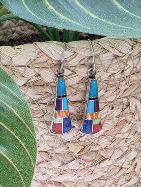 Southwestern Style Multi Stone Inlay Sterling Silver Drop Earrings